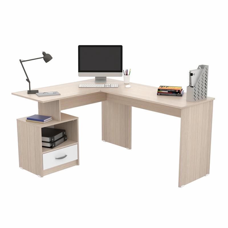 Inval Merlin L-Shape Computer Desk with Cubby in Maple and White