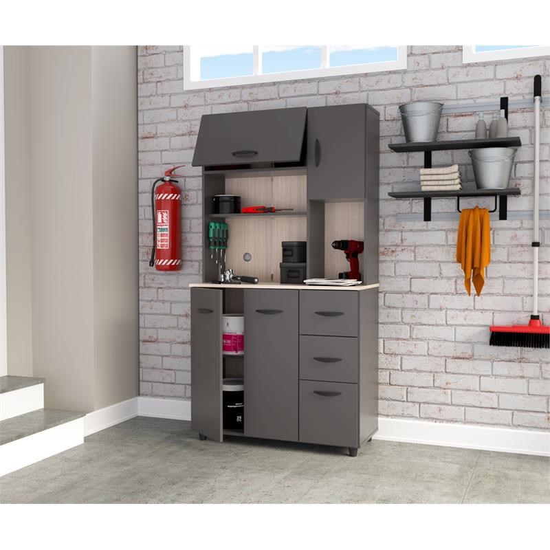 Inval 3-Drawer 6-Shelf Garage Storage Cabinet Dark Gray and Maple