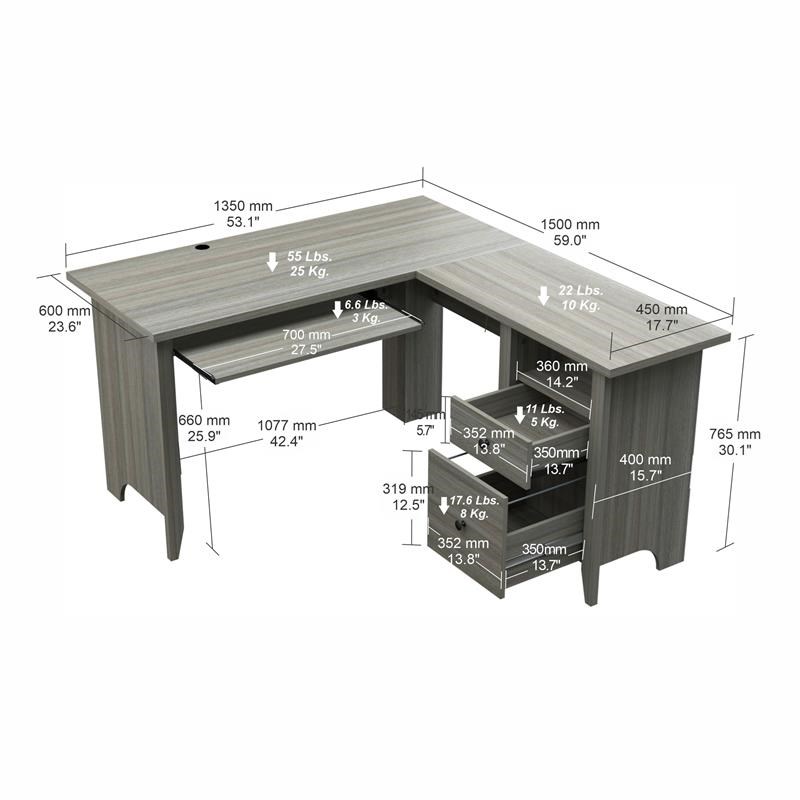 Inval 2-Drawer L-Shape Computer Desk in Gray Smoke Oak