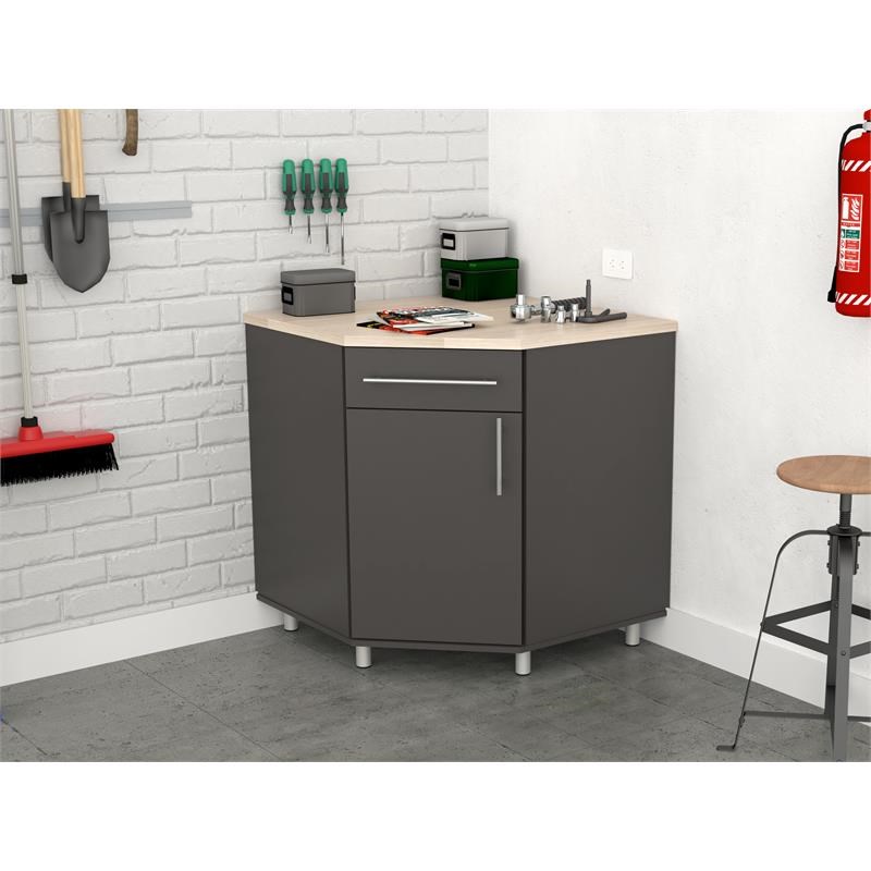 Inval Kratos Corner Garage Storage Cabinet in Dark Gray and Maple
