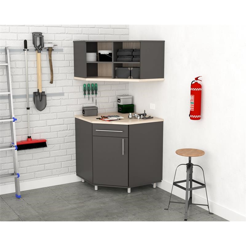 Inval Kratos Corner Garage Storage Cabinet in Dark Gray and Maple