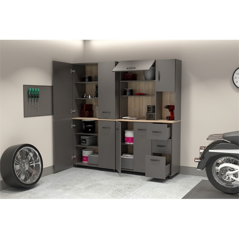 Inval Proforte 2-Piece 17-Shelf Garage Cabinet Set in Dark Gray and Maple