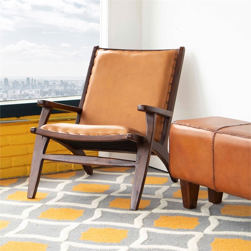 mid-century modern margot tan genuine leather accent chair - ash4715