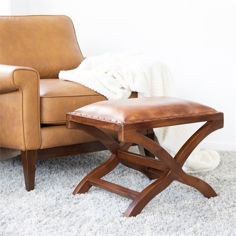 midcentury modern carter cognac brown genuine leather ottoman ash9145
