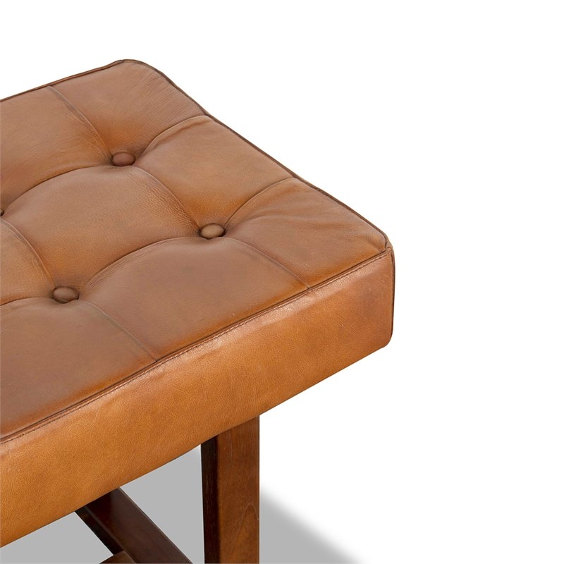 Espresso Mid-Century Modern Rectangular Genuine Leather Bench in Tan