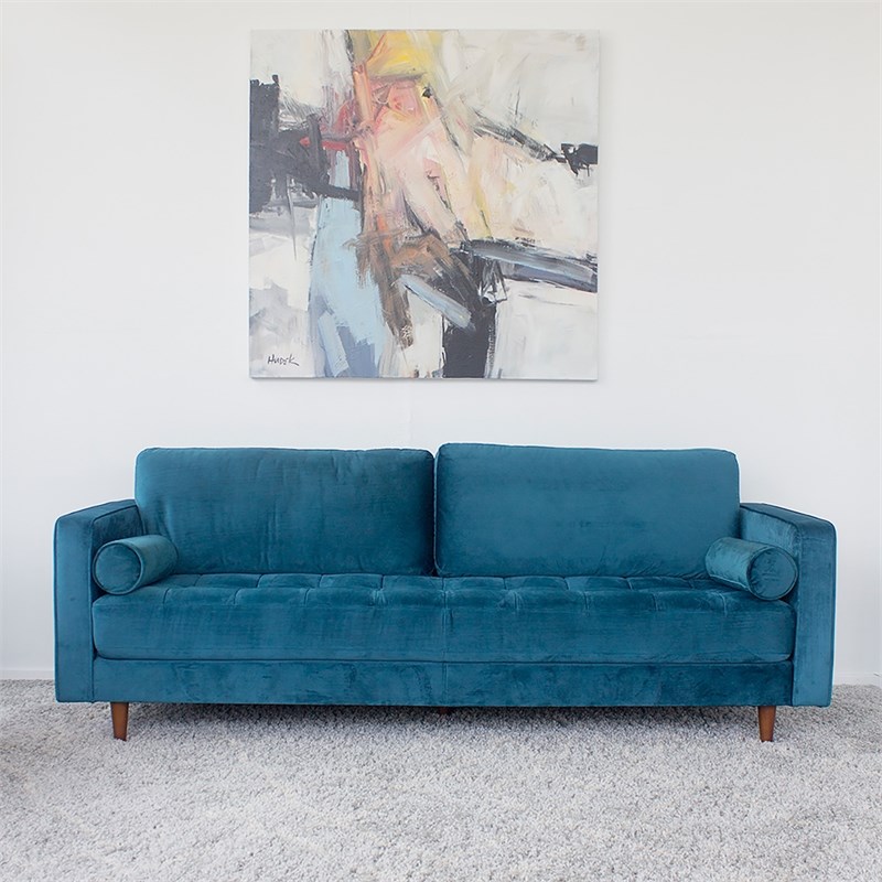 Demi Mid-Century Modern Cushion back Velvet Sofa in Turquoise