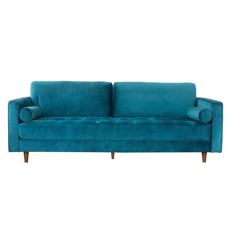 Demi Mid-Century Modern Cushion back Velvet Sofa in Turquoise