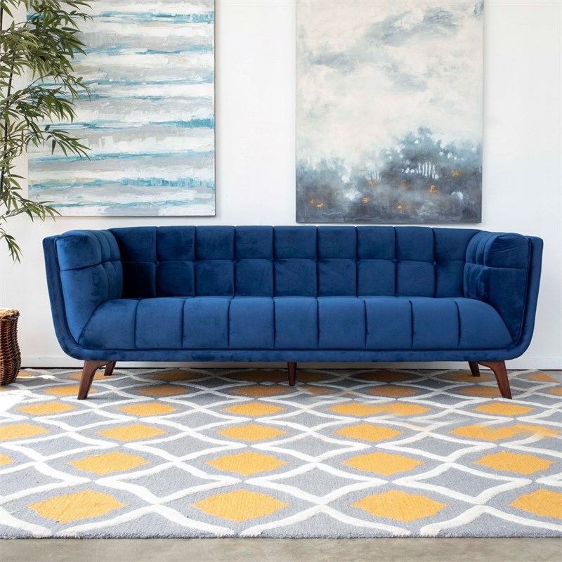 mid-century modern allen blue velvet sofa 86