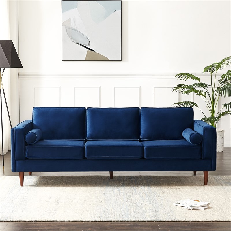 Hudson Mid-Century Modern  Pillow Back Velvet Sofa in Blue