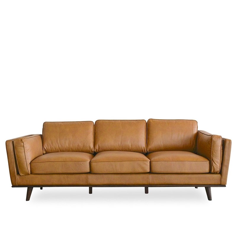 Austin Mid Century Modern Cushion Back, Camel Leather Mid Century Sofa