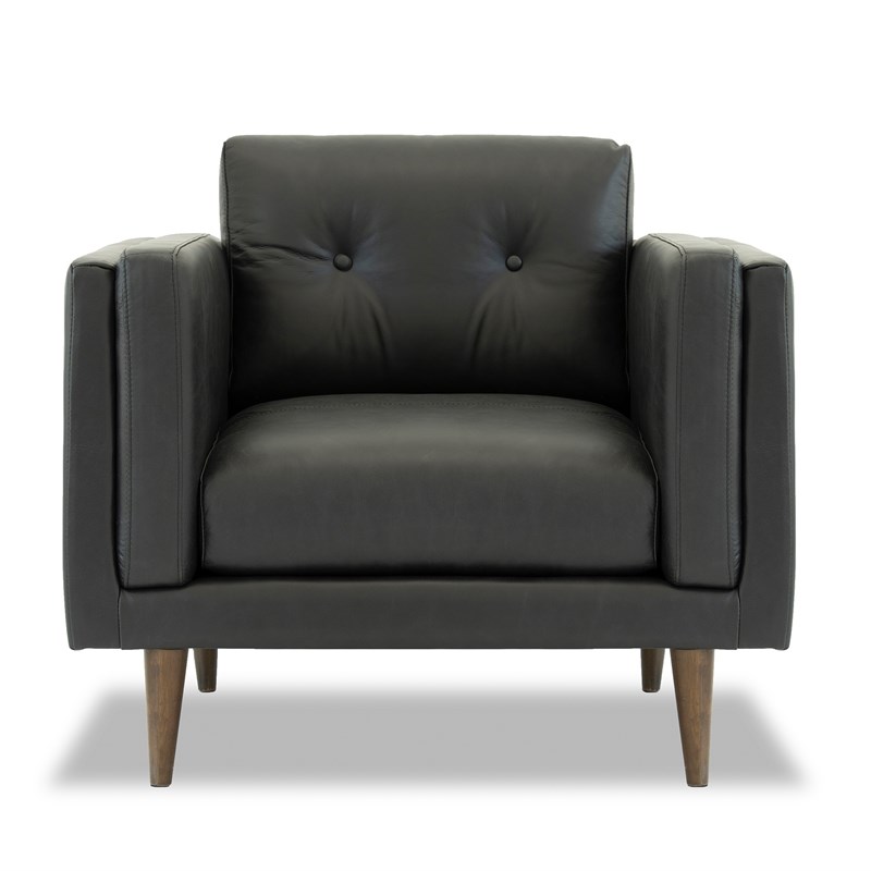 Tessa Mid-Century Pillow Back Genuine Leather Upholstered Armchair in Black