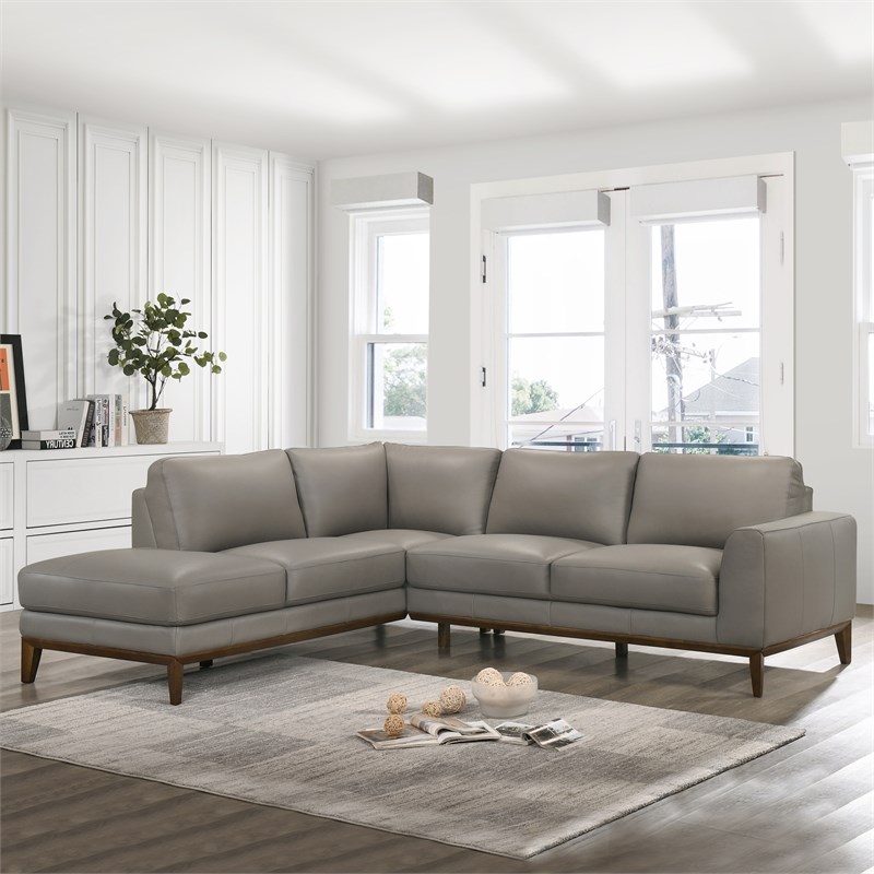 Milton Mid-Century L-Shaped Tight Back Leather Left-Facing Sectional in Grey