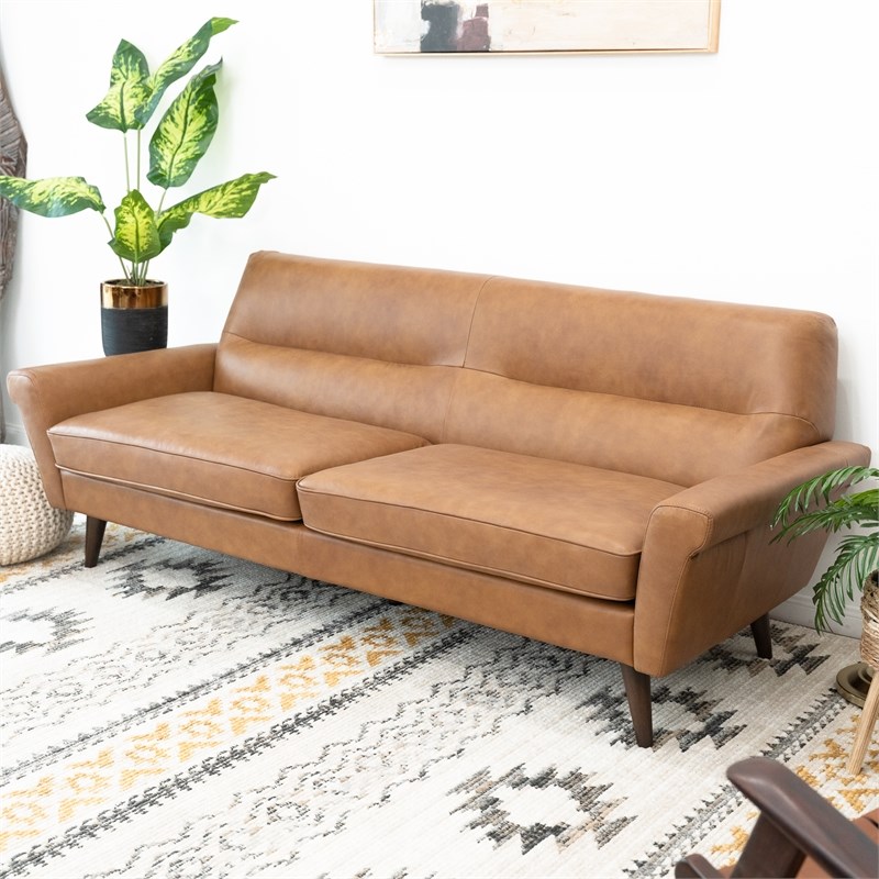 Lloyd Mid-Century Modern Tight Back Genuine Leather Sofa in Tan