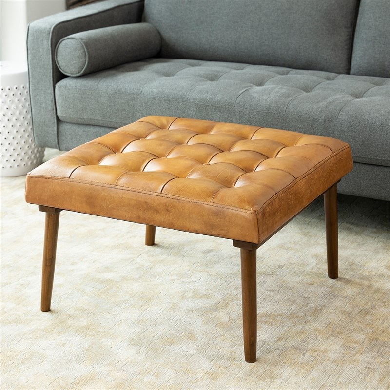 Alvar MidCentury Modern Square Tufted Genuine Leather Ottoman in Tan Homesquare