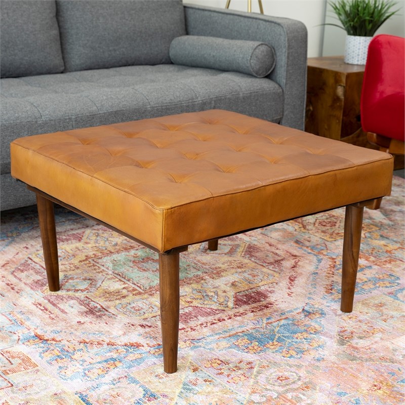 Alvar MidCentury Modern Square Tufted Genuine Leather Ottoman in Tan Homesquare