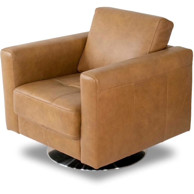 Afton Mid-Century Modern Tight Back Genuine Leather Swivel Chair in Tan