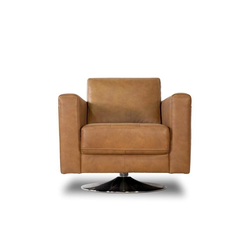 Afton Mid-Century Modern Tight Back Genuine Leather Swivel Chair in Tan