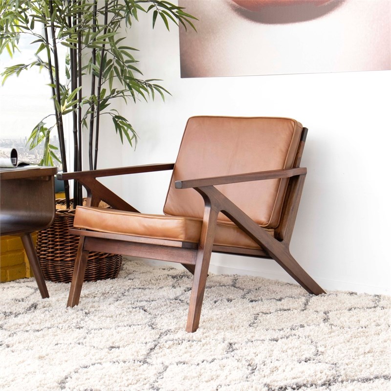 mid century modern leon cognac tan leather accent chair