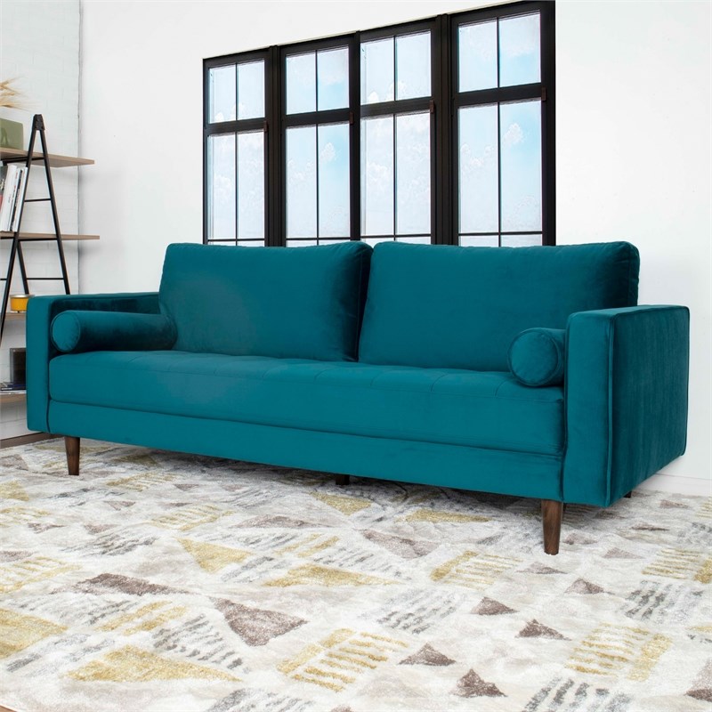 Demi Mid-Century Modern Cushion Back Velvet Sofa in Turquoise