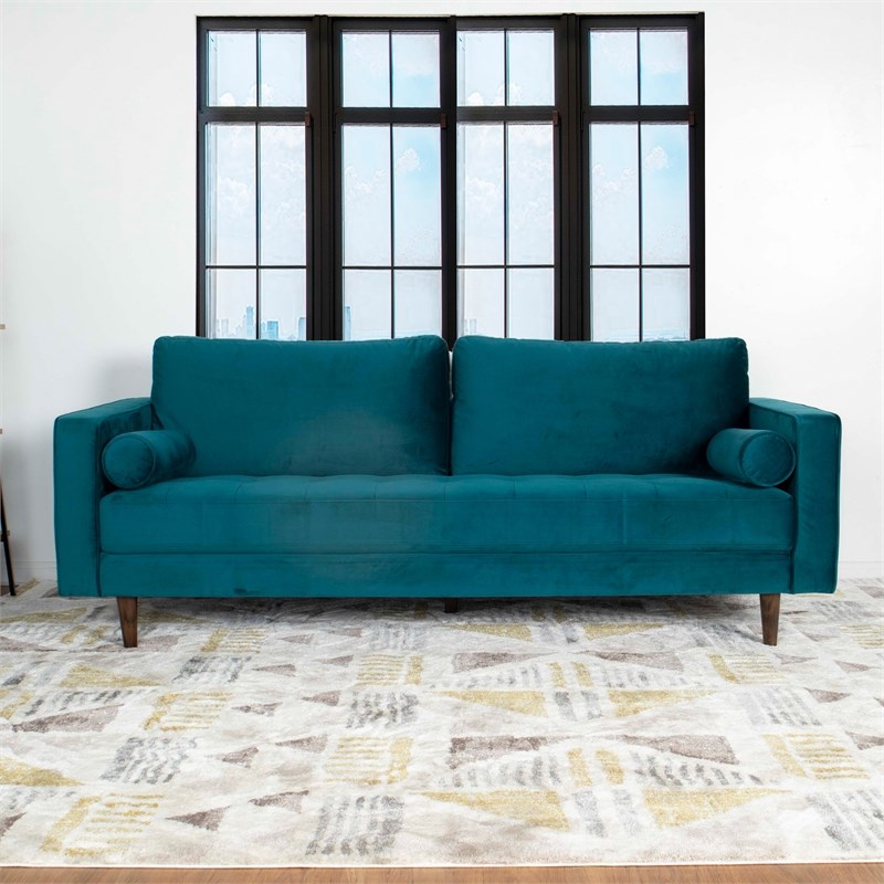 Demi Mid-Century Modern Cushion Back Velvet Sofa in Turquoise