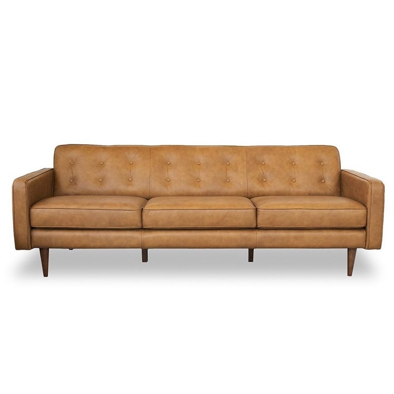 Harvey Mid-Century Modern Tight Back Genuine Leather Sofa in Tan