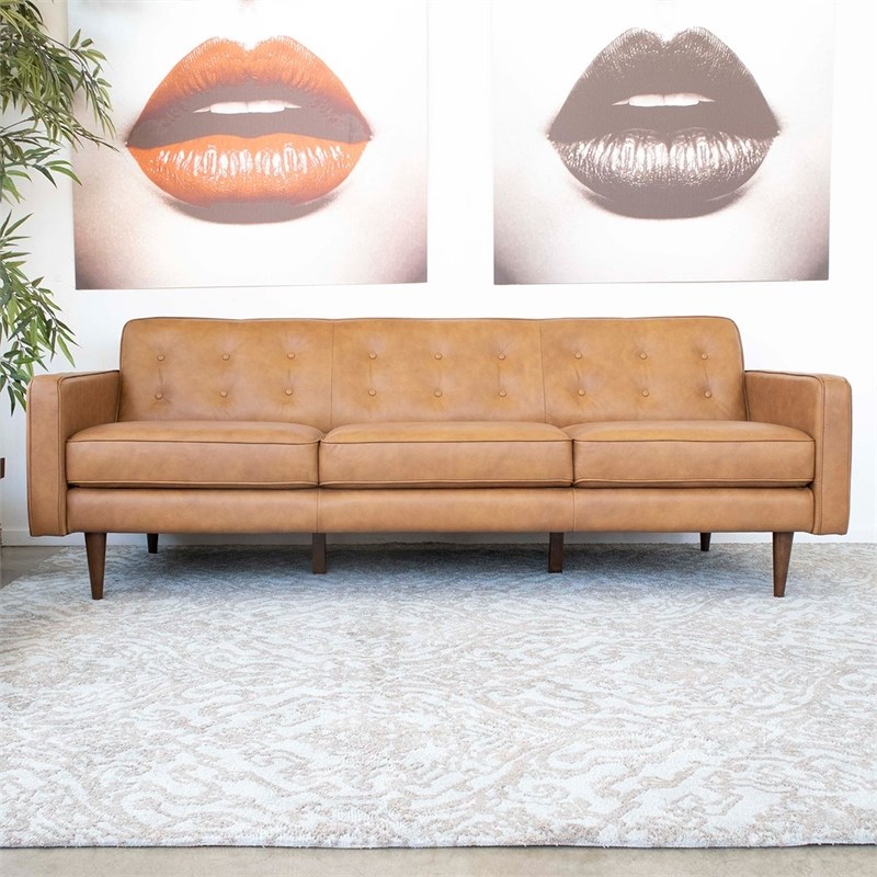Harvey Mid-Century Modern Tight Back Genuine Leather Sofa in Tan