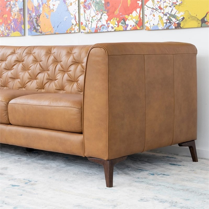 Flore MidCentury Tight Back Tufted Back Genuine Leather Sofa in Tan