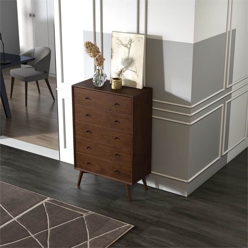 Francesca Mid-Century Modern 5-Drawer Solid Wood Dresser in Brown