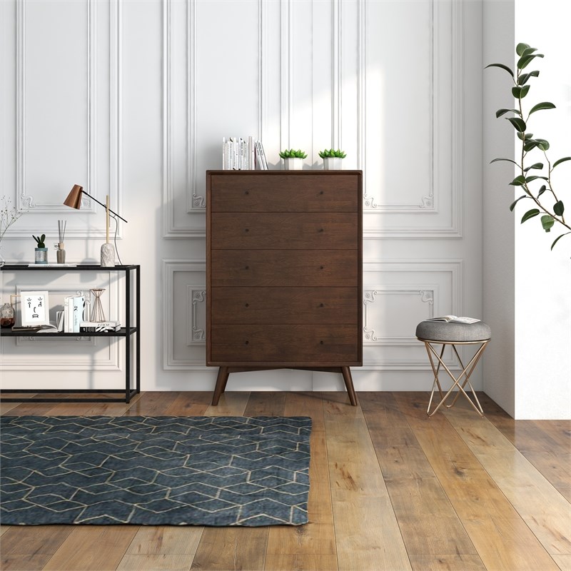 Francesca Mid-Century Modern 5-Drawer Solid Wood Dresser in Brown