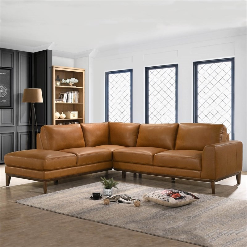 Milton Mid-Century L-Shaped Tight Back Leather Left-Facing Sectional in Tan