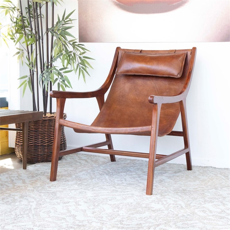 mid century modern nimo brown leather accent chair - ash3331