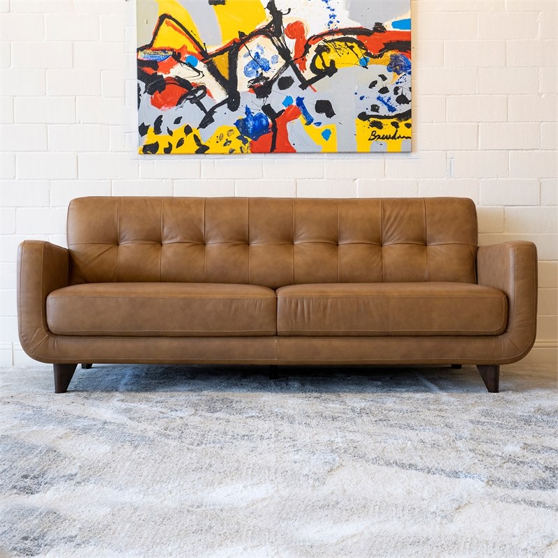 Davis Mid-Century Modern Tight Back Leather Sofa in Tan