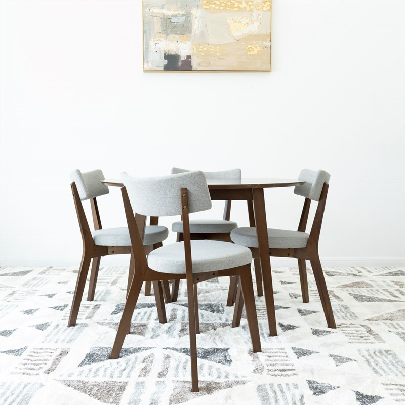 Inara 5-Piece Mid-Century Modern round Dining Set 4 Fabric Dining Chairs in Grey