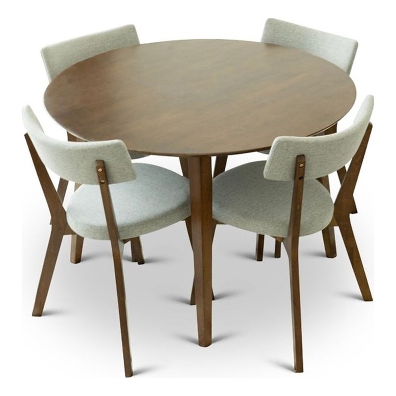 Inara 5-Piece Mid-Century Modern round Dining Set 4 Fabric Dining Chairs in Grey