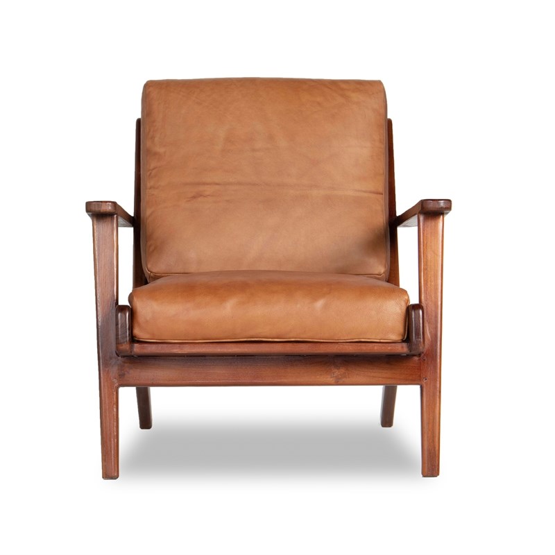 Kalley Mid-Century Modern Pillow Back Genuine Leather Lounge Chair in Tan