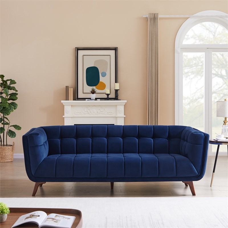 Allen Mid-Century Modern  Tufted Back Velvet  Sofa  in blue