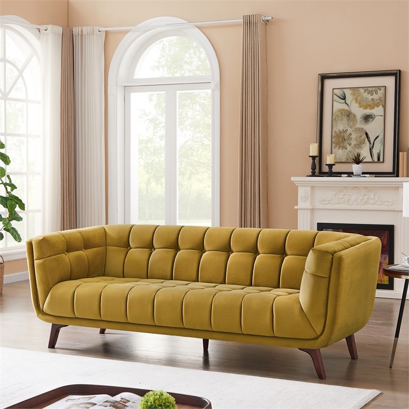 Allen Mid-Century Modern Tufted Back Velvet Sofa in gold 86