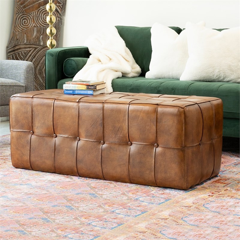 Bumble Mid-Century Modern Rectangular Genuine Leather Upholstered Bench in Tan