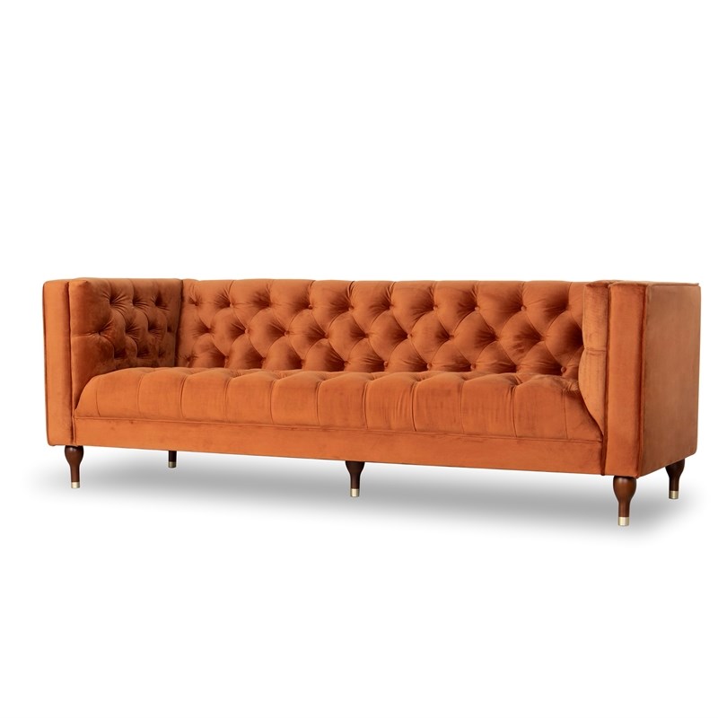 Clodine Mid-Century Modern  Tufted Back Velvet Sofa in orange