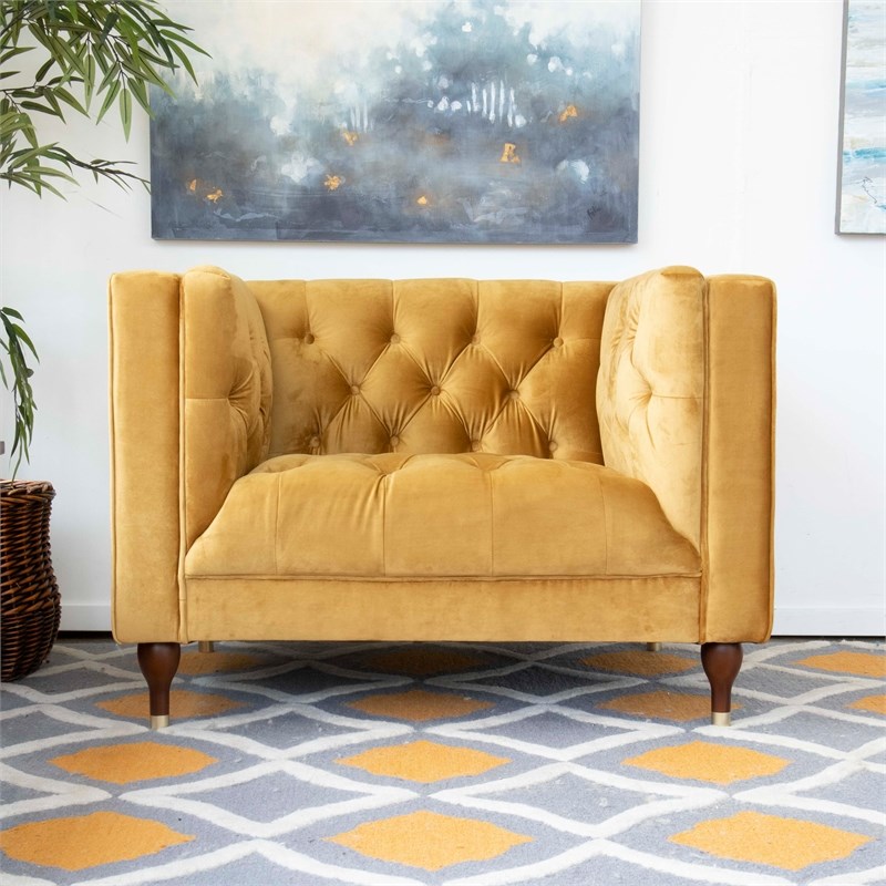 Clodine Mid-Century Modern  Tight Back Velvet Upholstered Armchair  in Gold