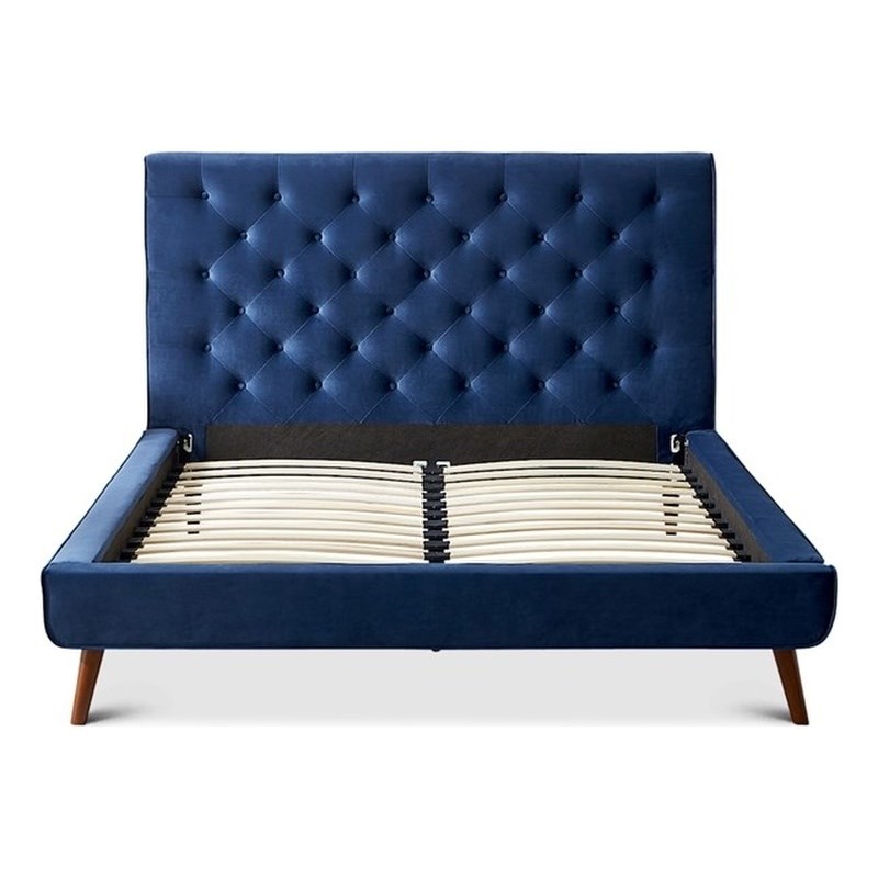 Alice Mid-Century Modern Velvet Upholstered Platform Bed Queen Size in Blue