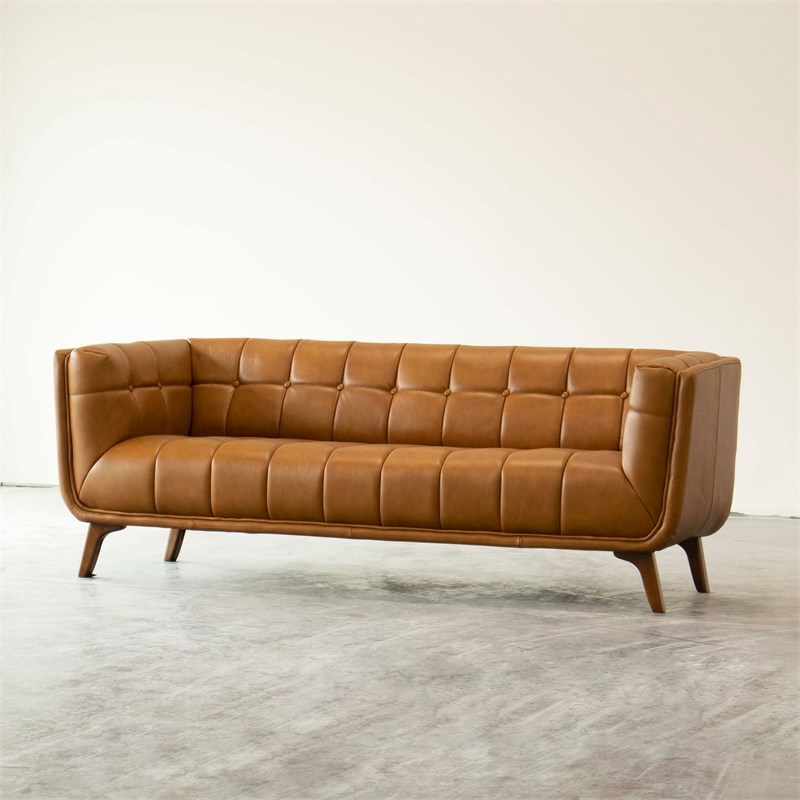 mid century modern allen tan full grain leather sofa 84" ash0428