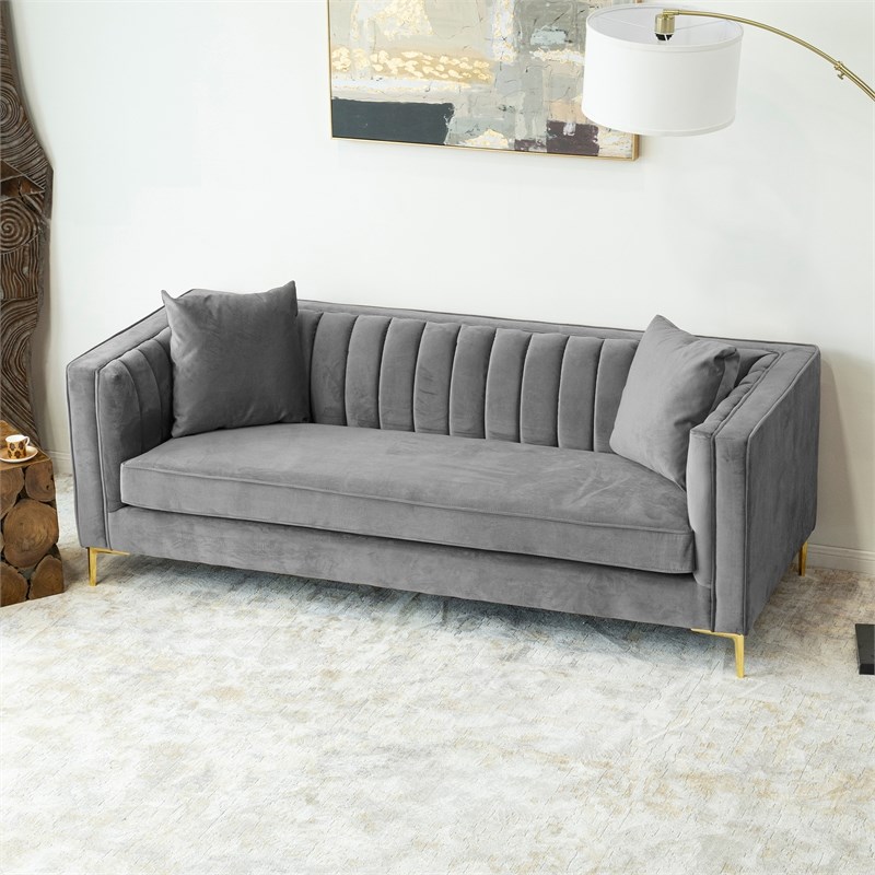 Kali Mid-Century Modern Tight Back Velvet Sofa in Gray