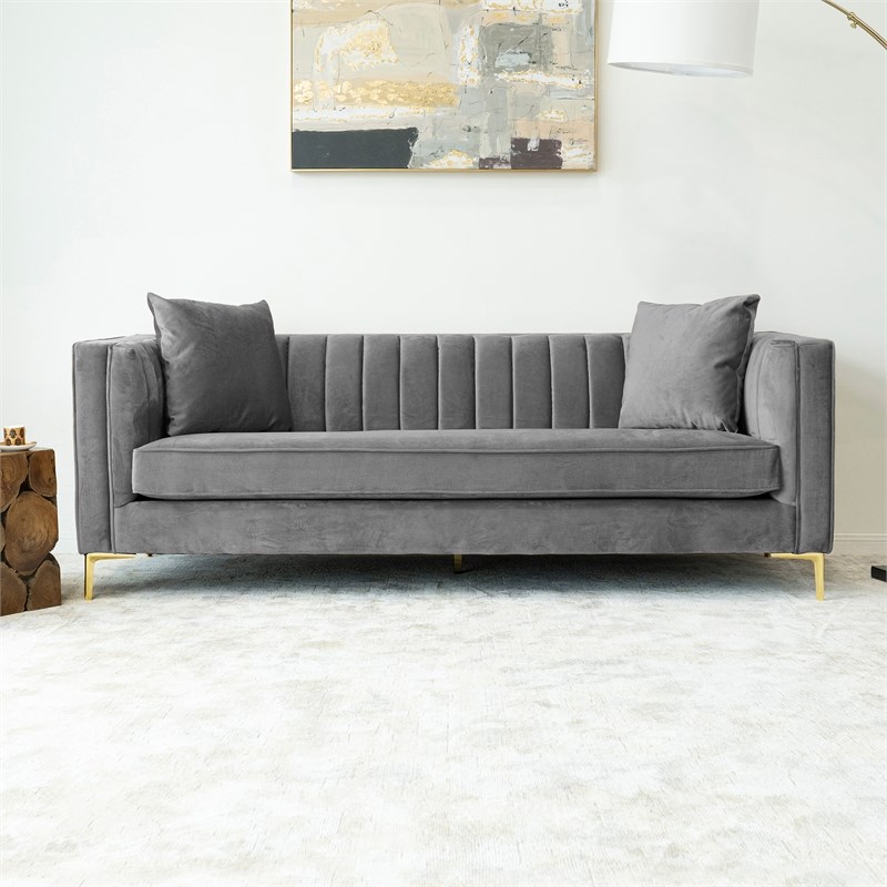 Kali Mid-Century Modern Tight Back Velvet Sofa in Gray