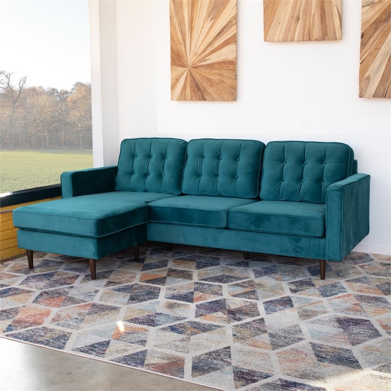 Mid Century Modern Kayle Teal Velvet Reversible Sectional Sofa Ash0143