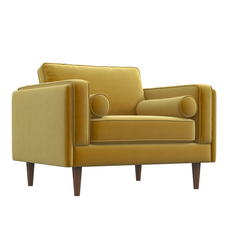 Hudson Mid-Century Modern Pillow Back Velvet Upholstered Armchair in Gold