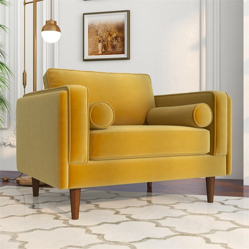 Hudson Mid-Century Modern Pillow Back Velvet Upholstered Armchair in Gold