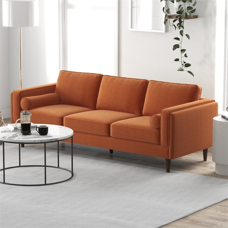 Hudson Mid-Century Modern Pillow Back Velvet Sofa in Orange