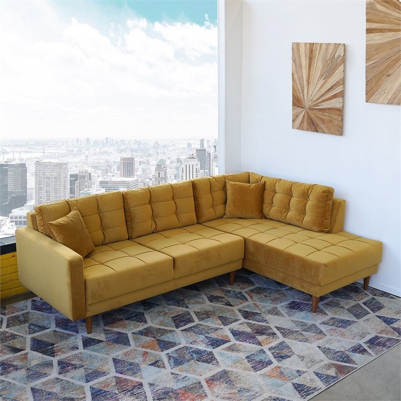 mid century modern deven gold microfiber sectional sofa right facing ash0300