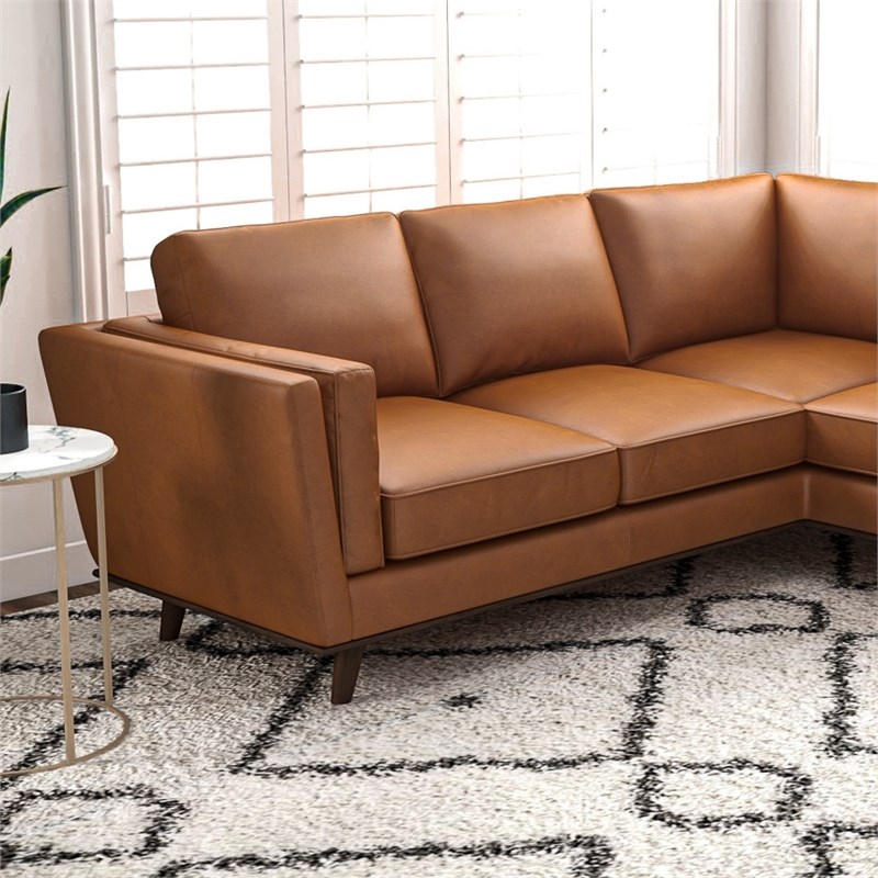 Everdale Mid-Century Symmetrical Genuine Leather Corner Sofa in Tan